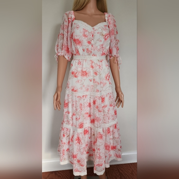 NWT RACHEL PARCELL PINK ROSE FLORAL TIERED BALLON SLEEVES MIDI DRESS 6 MEDIUM - Picture 1 of 14